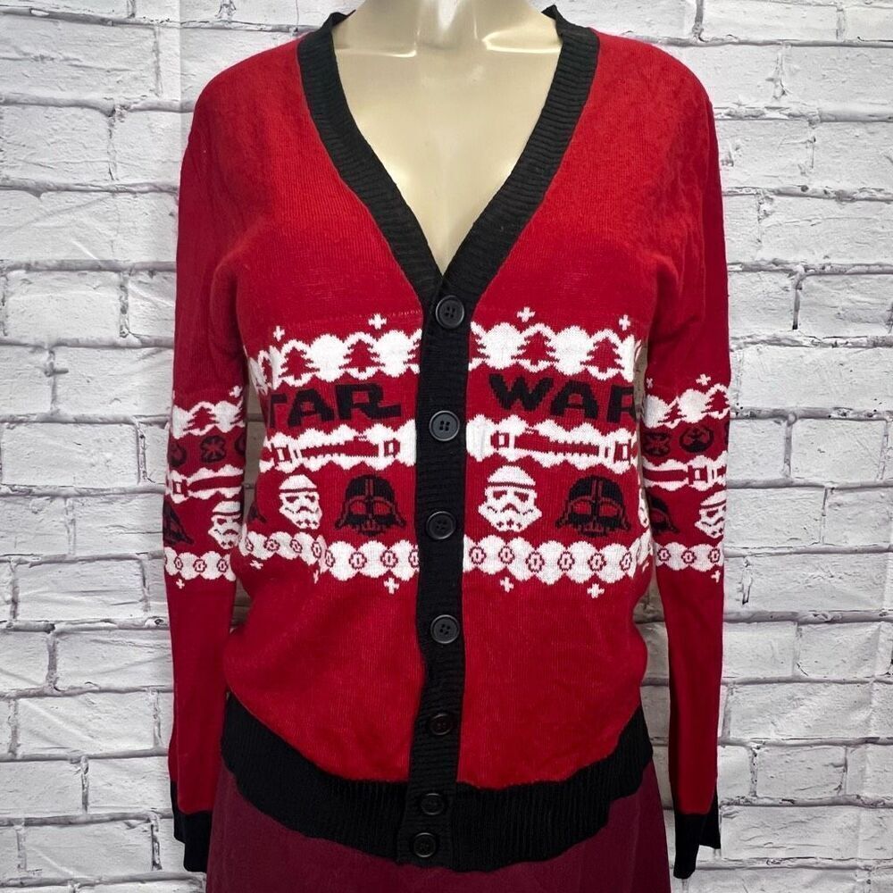 Star Wars Womens Red Ugly Christmas Button Front Cardigan Sweater Size Medium